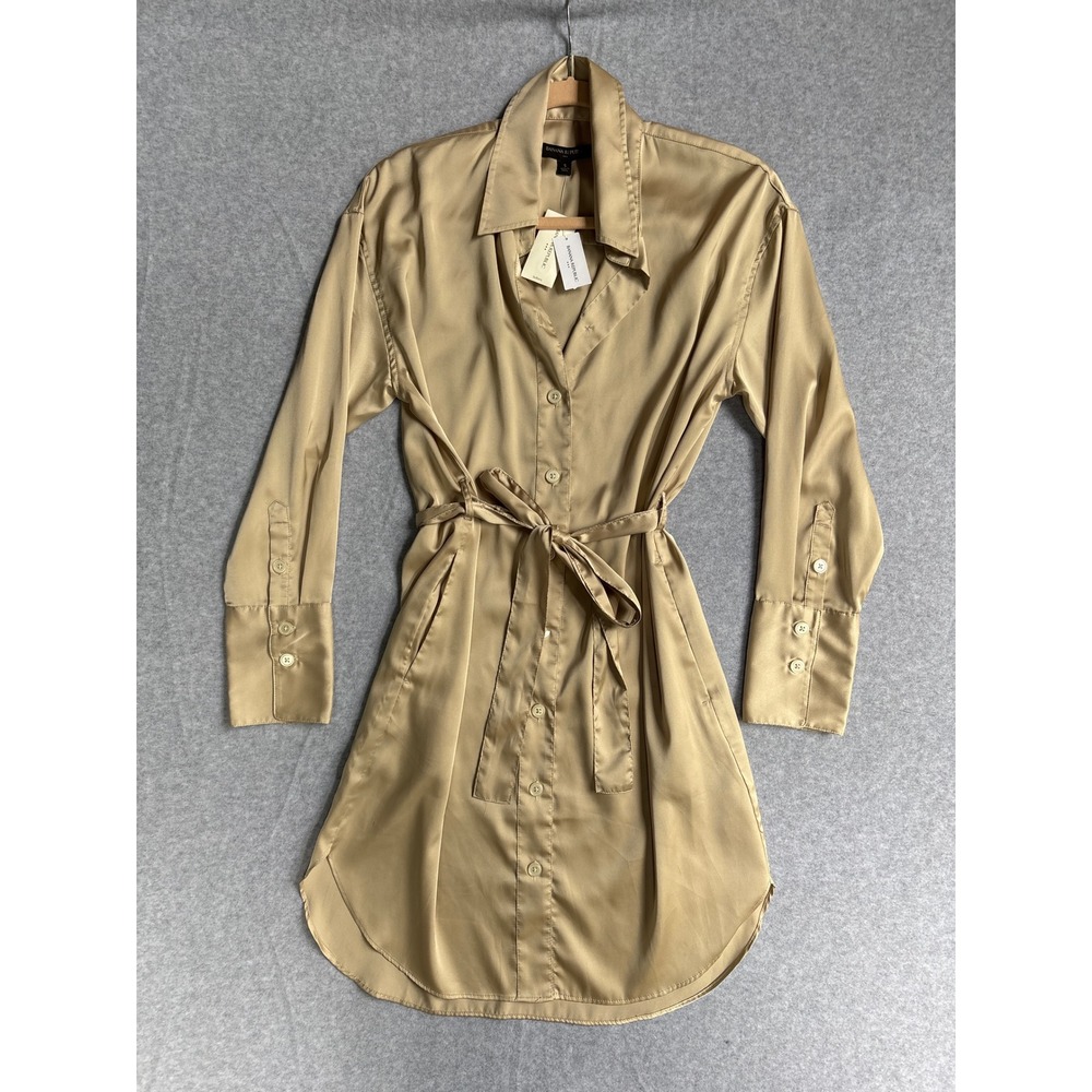 Banana Republic champagne  Satin Shirt Dress Long Sleeve Belted Button Small NWT